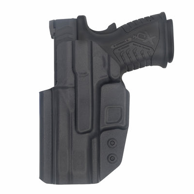 This is the rear of the C&G Holsters Inside the waistband Covert series holster for the Springfield XDm Elite OSP Dragonfly 3.6" in right hand and black. It also shows the red dot cut out using a Trijicon RMR.