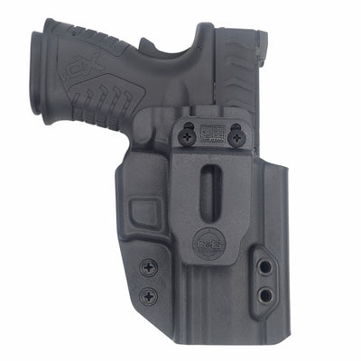 This is the front of the C&G Holsters Inside the waistband Covert series holster for the Springfield XDm Elite OSP Dragonfly 3.6" in right hand and black. It also shows the red dot cut out using a Trijicon RMR.