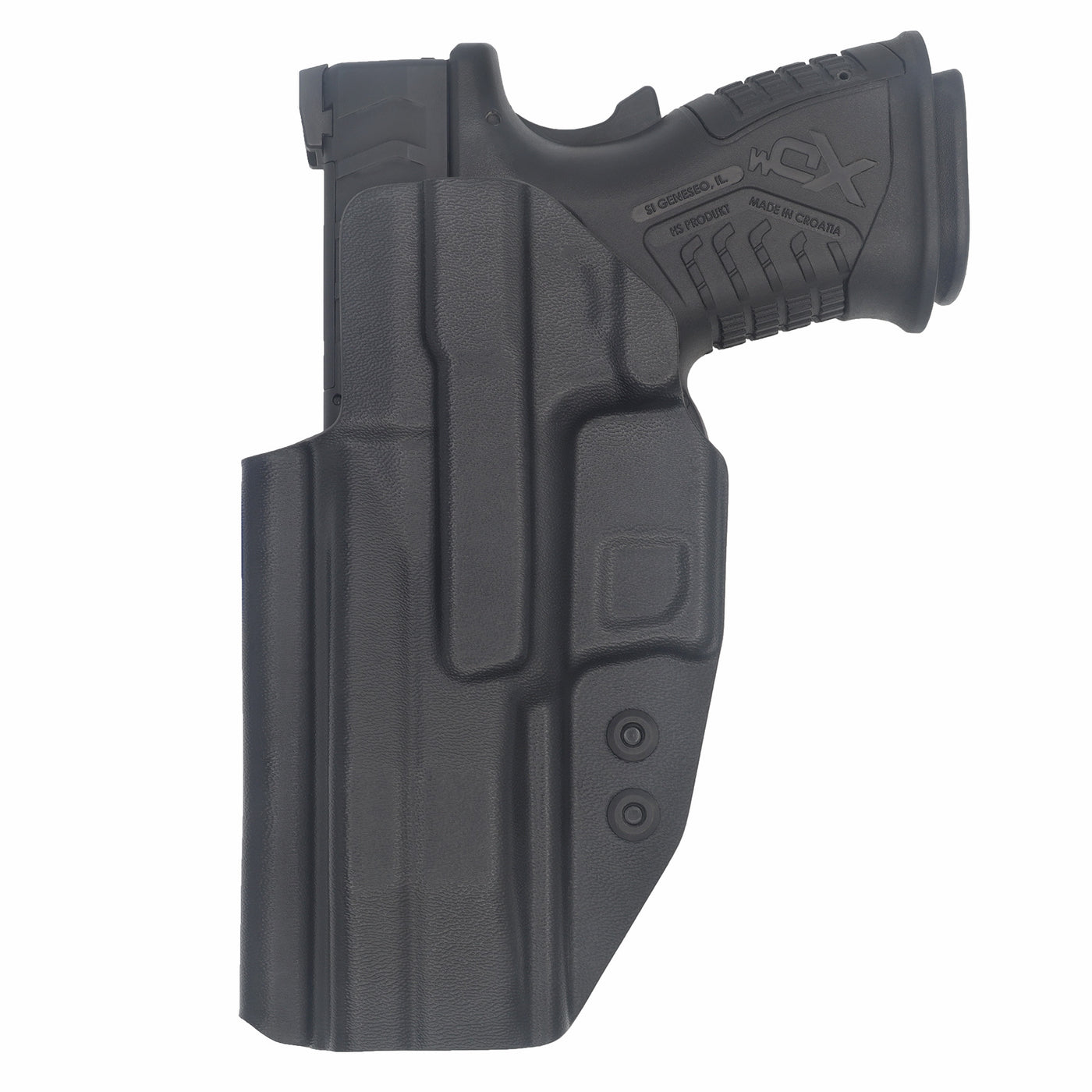 This is the rear of the C&G Holsters Inside the waistband Covert series holster for the Springfield XDm Elite OSP Dragonfly 4.25" in right hand and black. It also shows the red dot cut out using a Trijicon RMR.