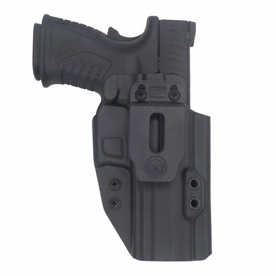 This is the front of the C&G Holsters Inside the waistband Covert series holster for the Springfield XDm Elite OSP Dragonfly 4.25" in right hand and black. It also shows the red dot cut out using a Trijicon RMR.