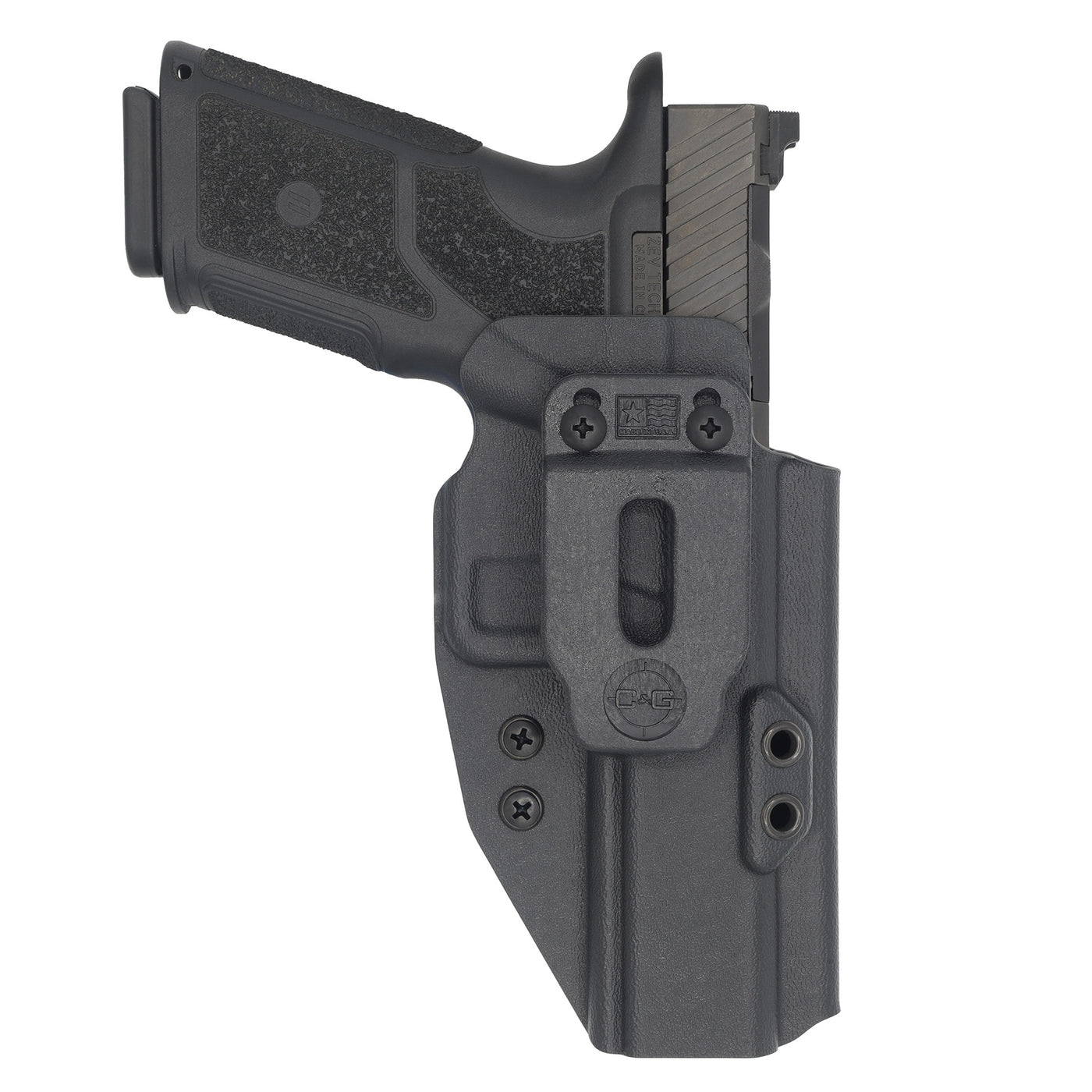 ZEV Technologies OZ9 in a C&G Holsters Inside the waistband Covert holster in right hand holstered.
